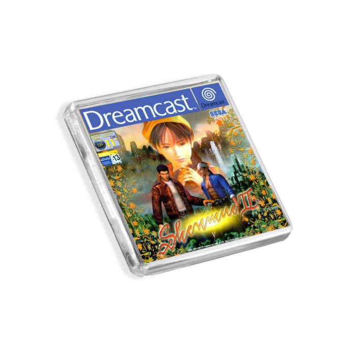 Plastic Dreamcast Shenmue 2 fridge magnet on a white background