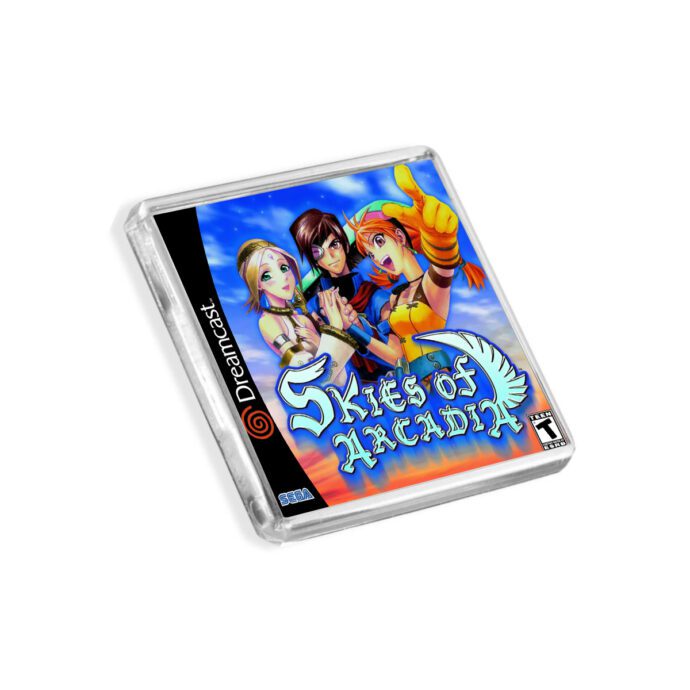 Plastic Dreamcast Skies of Arcadia fridge magnet on a white background