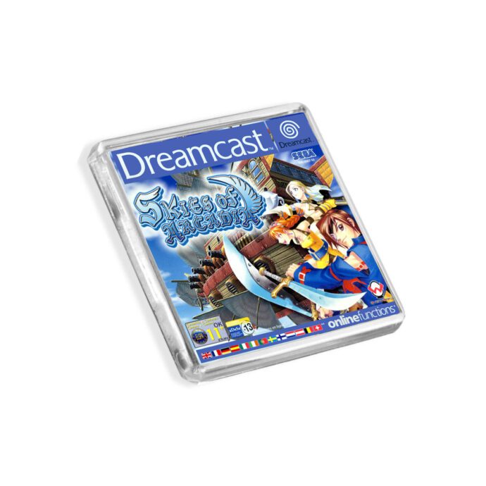 Plastic Dreamcast Skies of Arcadia fridge magnet on a white background