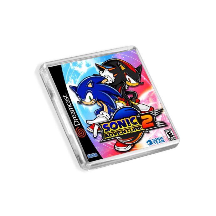 Plastic Dreamcast Sonic Adventure 2 fridge magnet on a white background