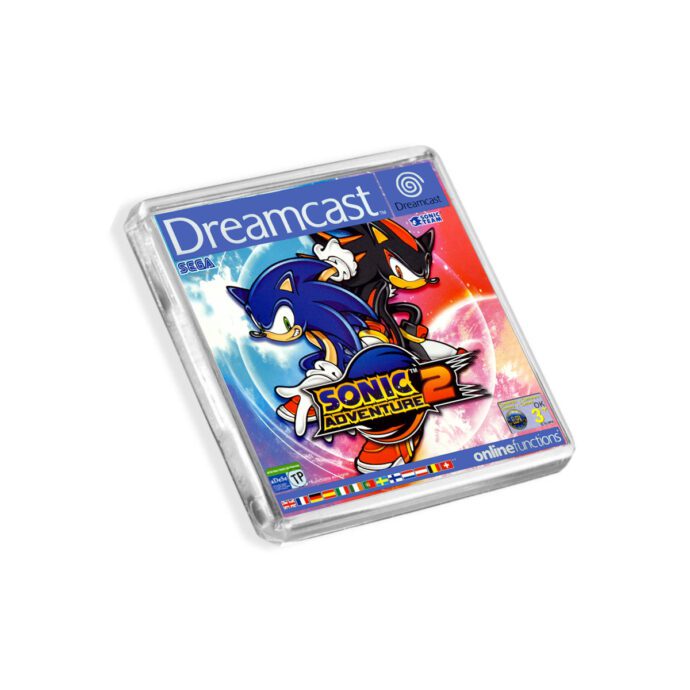 Plastic Dreamcast Sonic Adventure 2 fridge magnet on a white background