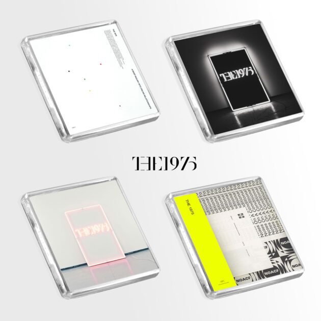 Set of 4 The 1975 fridge magnets on a white and grey background