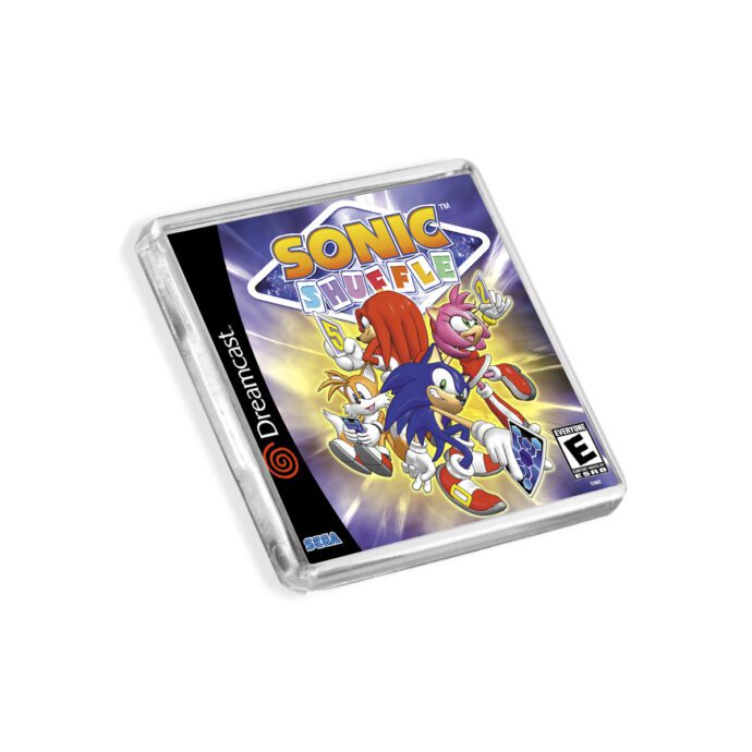 Plastic Dreamcast Sonic Shuffle fridge magnet on a white background