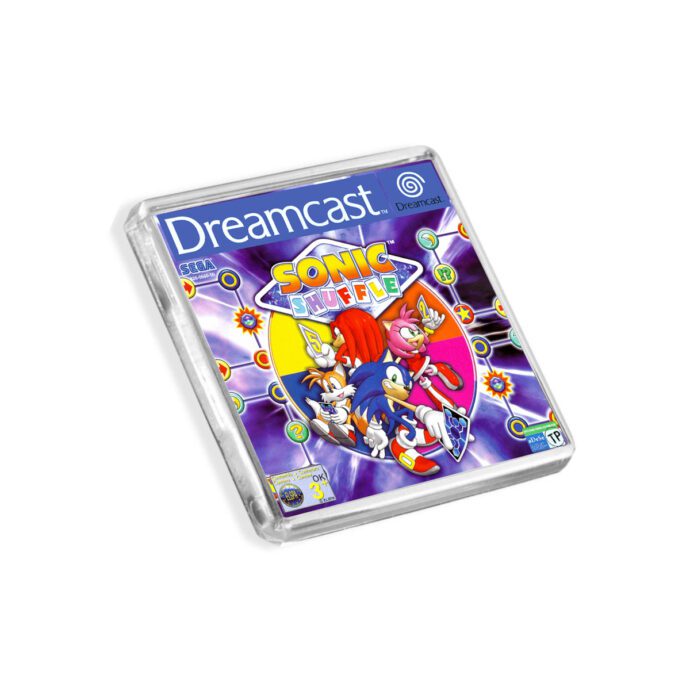 Plastic Dreamcast Sonic Shuffle fridge magnet on a white background