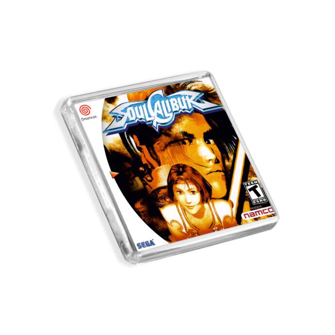 Plastic Dreamcast Soul Calibur fridge magnet on a white background