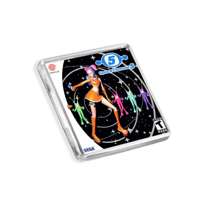 Plastic Dreamcast Space Channel 5 fridge magnet on a white background