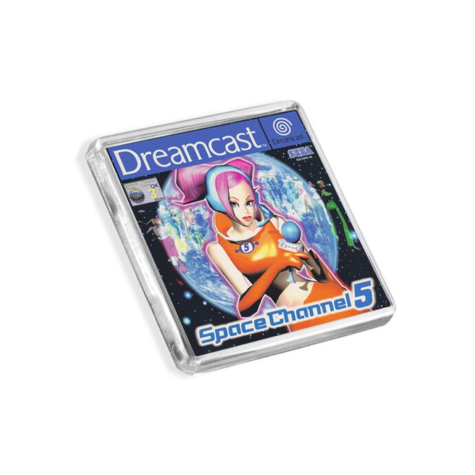 Plastic Dreamcast Space Channel 5 fridge magnet on a white background