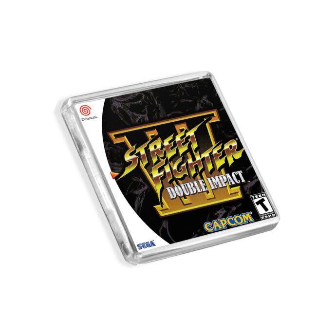 Plastic Dreamcast Street Fighter 3 Double Impact fridge magnet on a white background
