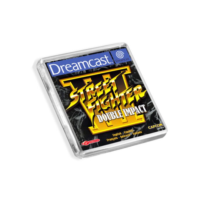 Plastic Dreamcast Street Fighter 3 Double Impact fridge magnet on a white background