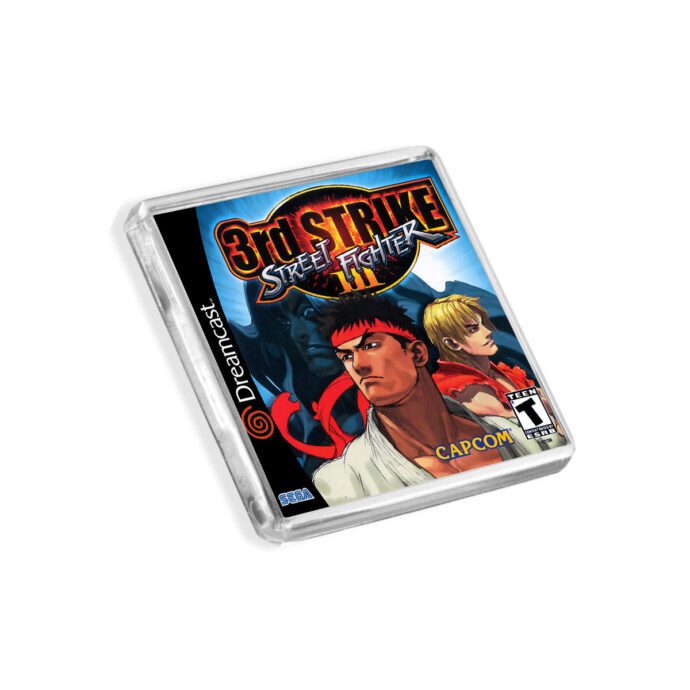 Plastic Dreamcast Street Fighter 3 3rd Strike fridge magnet on a white background