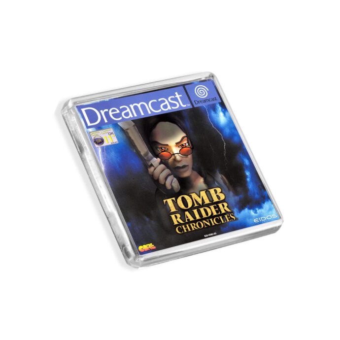 Plastic Dreamcast Tomb Raider Chronicles fridge magnet on a white background
