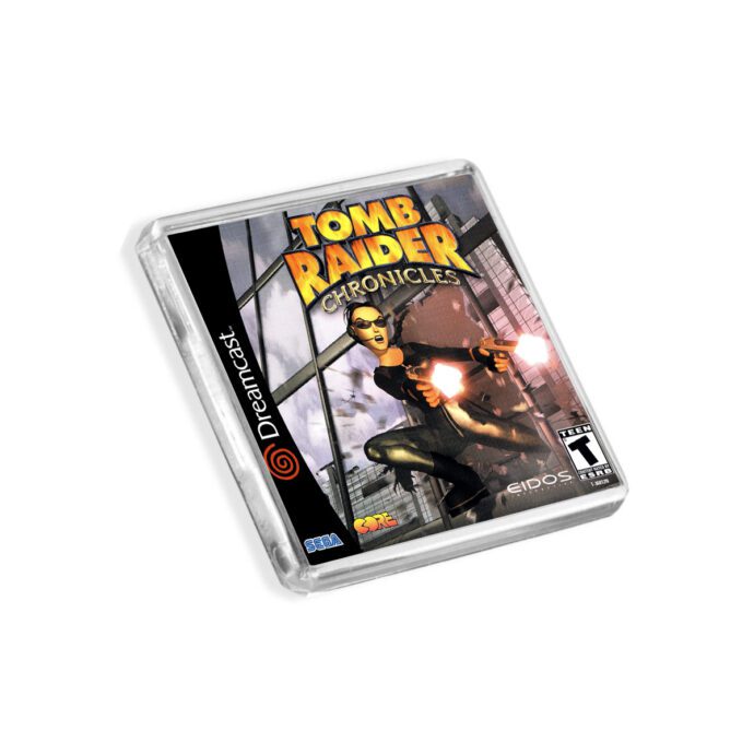 Plastic Dreamcast Tomb Raider Chronicles fridge magnet on a white background