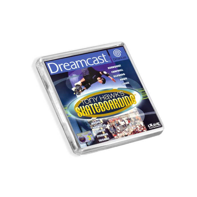Plastic Dreamcast Tony Hawk's Pro Skater fridge magnet on a white background