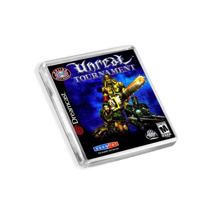 Plastic Dreamcast Unreal Tournament fridge magnet on a white background