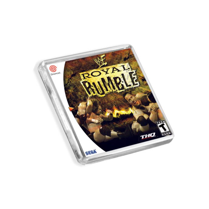 Plastic Dreamcast WWF Royal Rumble fridge magnet on a white background