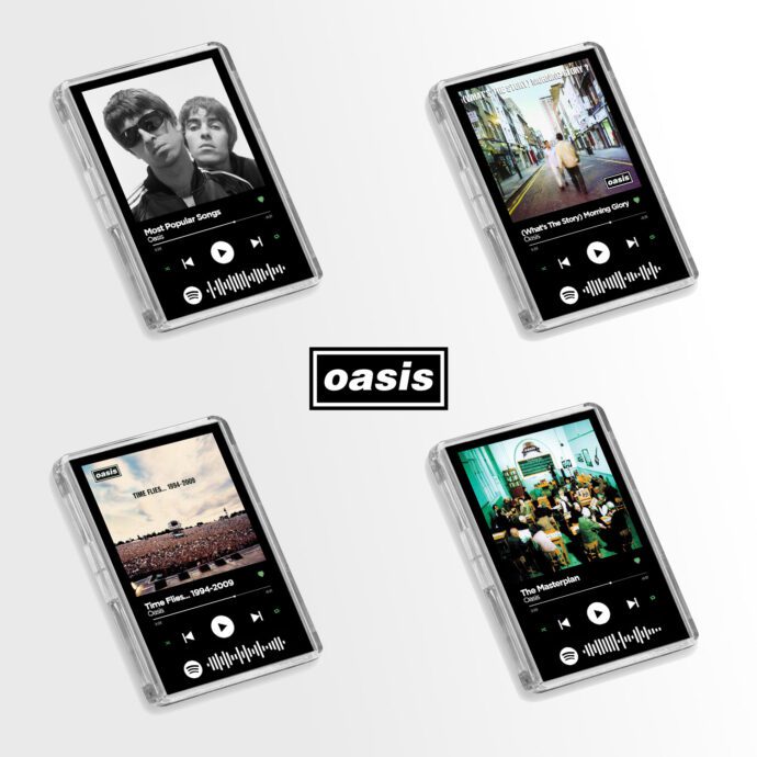 Set of 4 Oasis Scan and Play fridge magnets with Spotify code on a white background