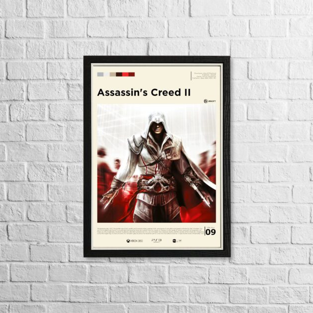 Assassin's Creed 2 poster in a minimalist, gallery-style in a black frame on a white brick background