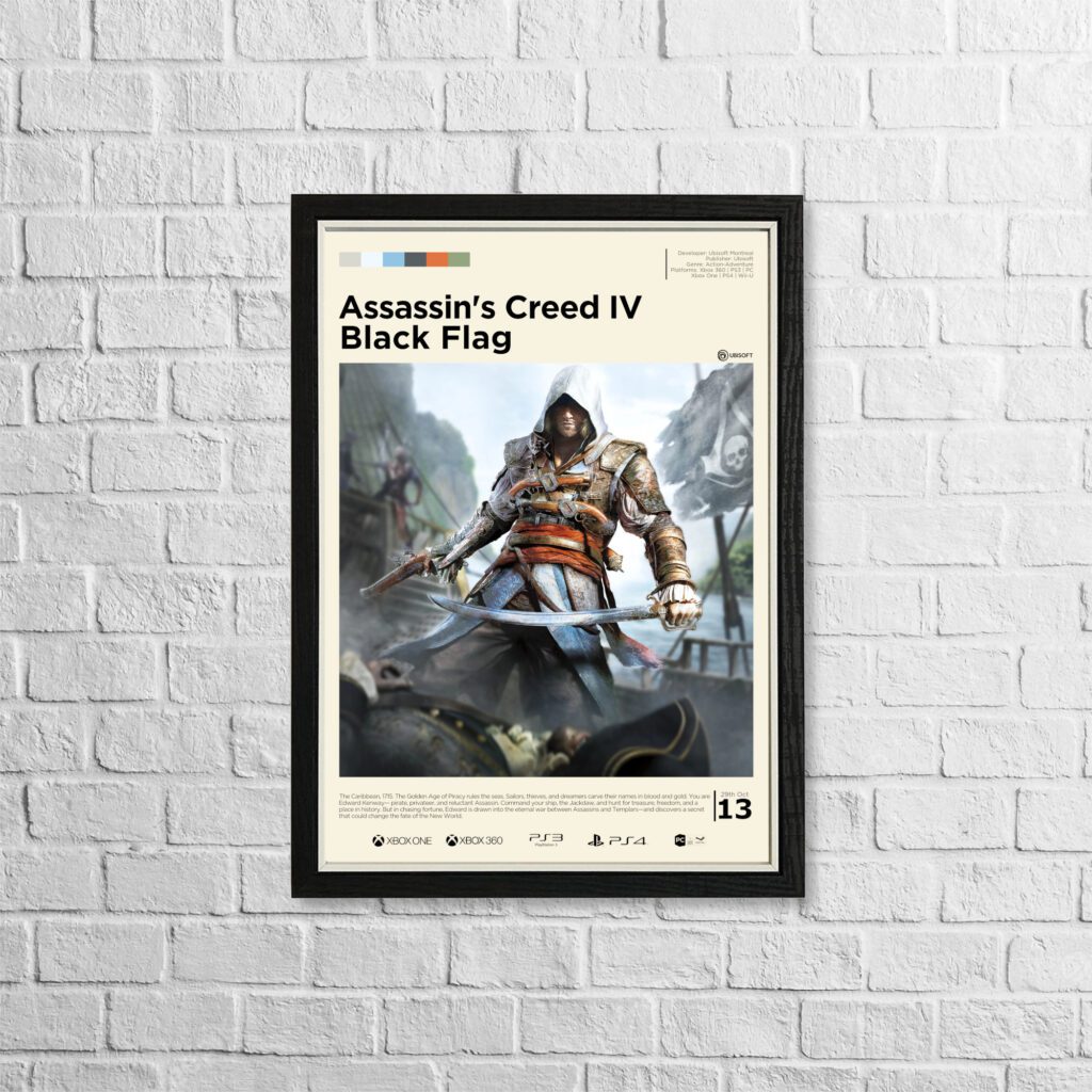Assassin's Creed 4 Black Flag poster in a minimalist, gallery-style in a black frame on a white brick background