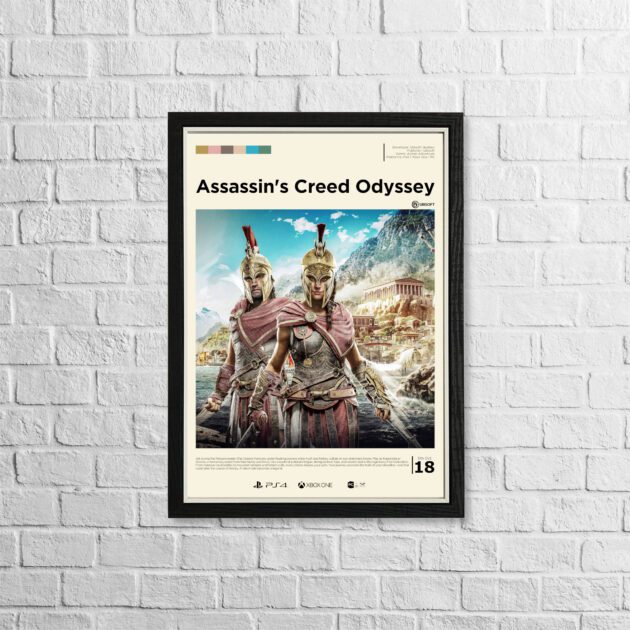 Assassin's Creed Odyssey poster in a minimalist, gallery-style in a black frame on a white brick background