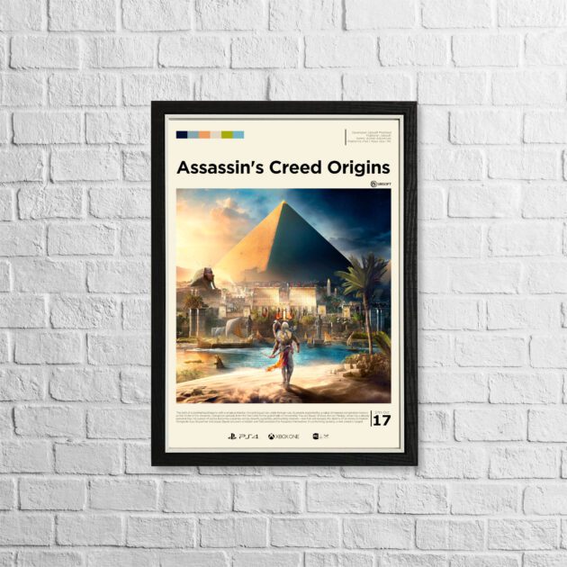 Assassin's Creed Origins poster in a minimalist, gallery-style in a black frame on a white brick background