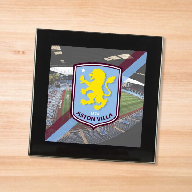 Aston Villa drinks coaster on a wooden table