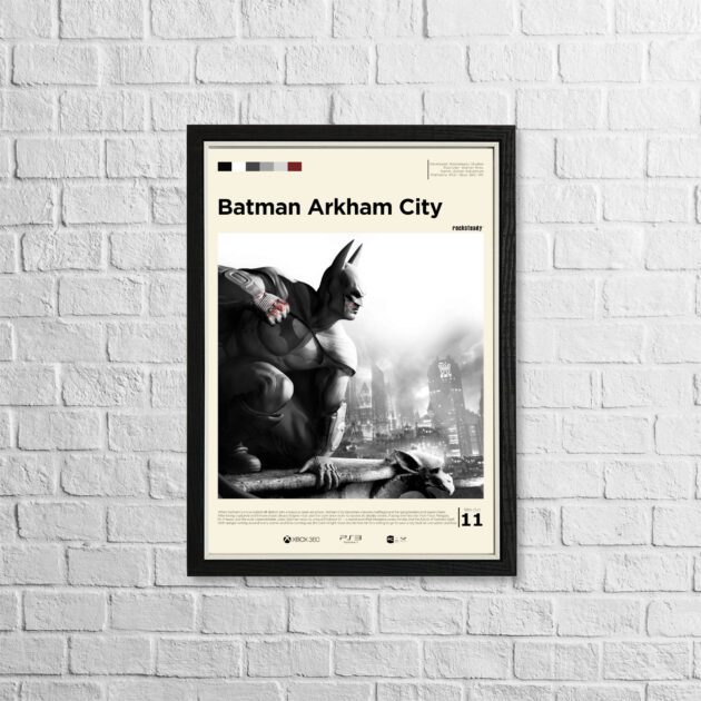 Batman Arkham City poster in a minimalist, gallery-style in a black frame on a white brick background