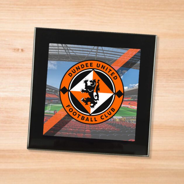 Dundee United drinks coaster on a wooden table