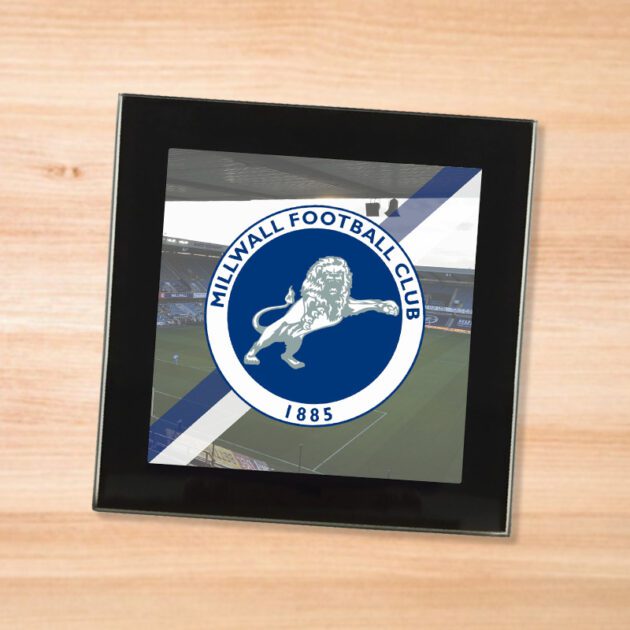 Millwall drinks coaster on a wooden table