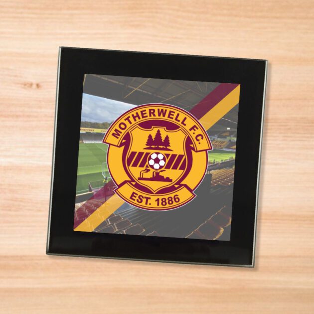 Motherwell drinks coaster on a wooden table