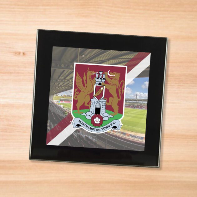 Northampton Town drinks coaster on a wooden table