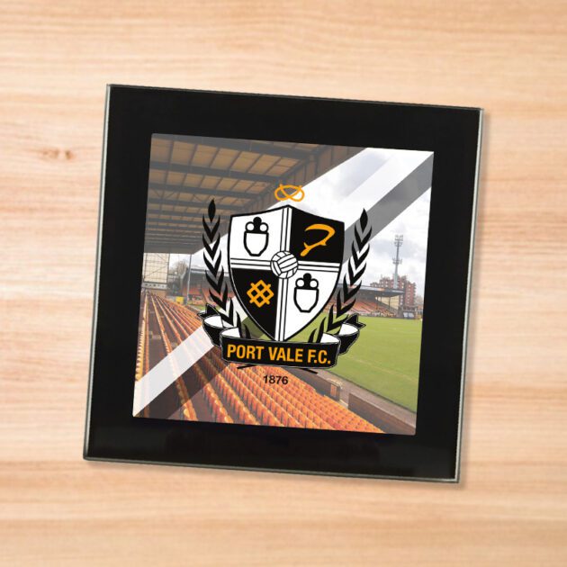 Port Vale drinks coaster on a wooden table
