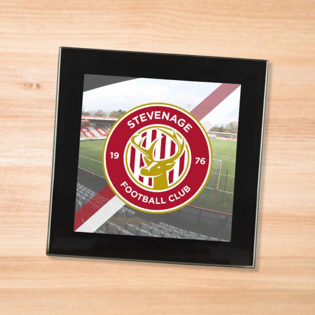 Stevenage drinks coaster on a wooden table