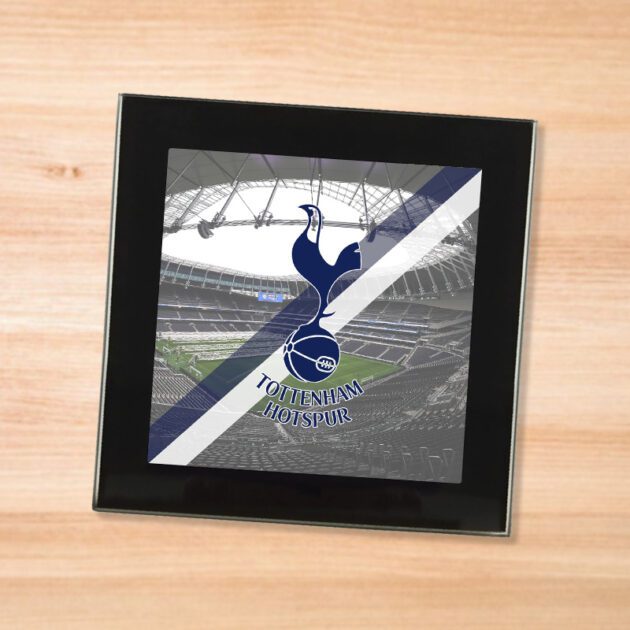 Tottenham Hotspur Spurs drinks coaster on a wooden table