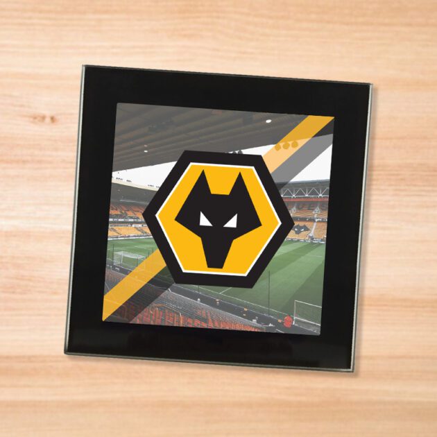 Wolverhampton Wanderers Wolves drinks coaster on a wooden table