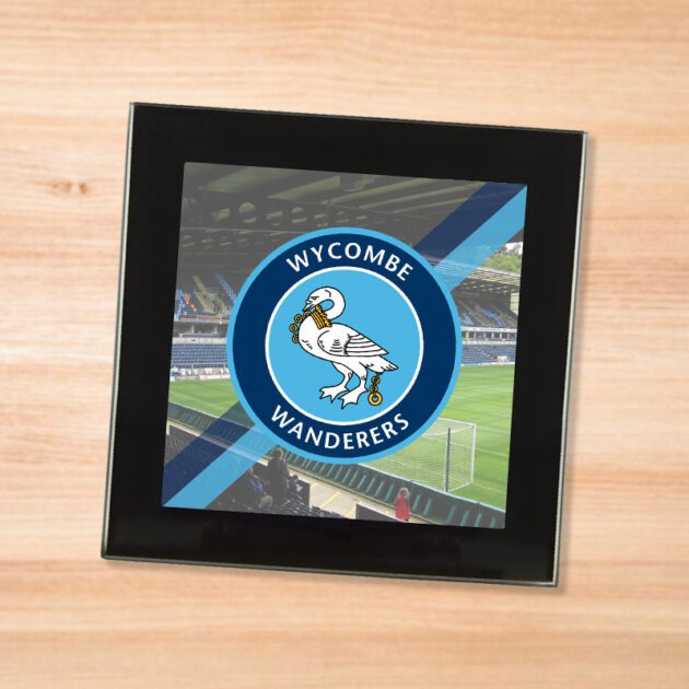 Wycombe Wanderers drinks coaster on a wooden table